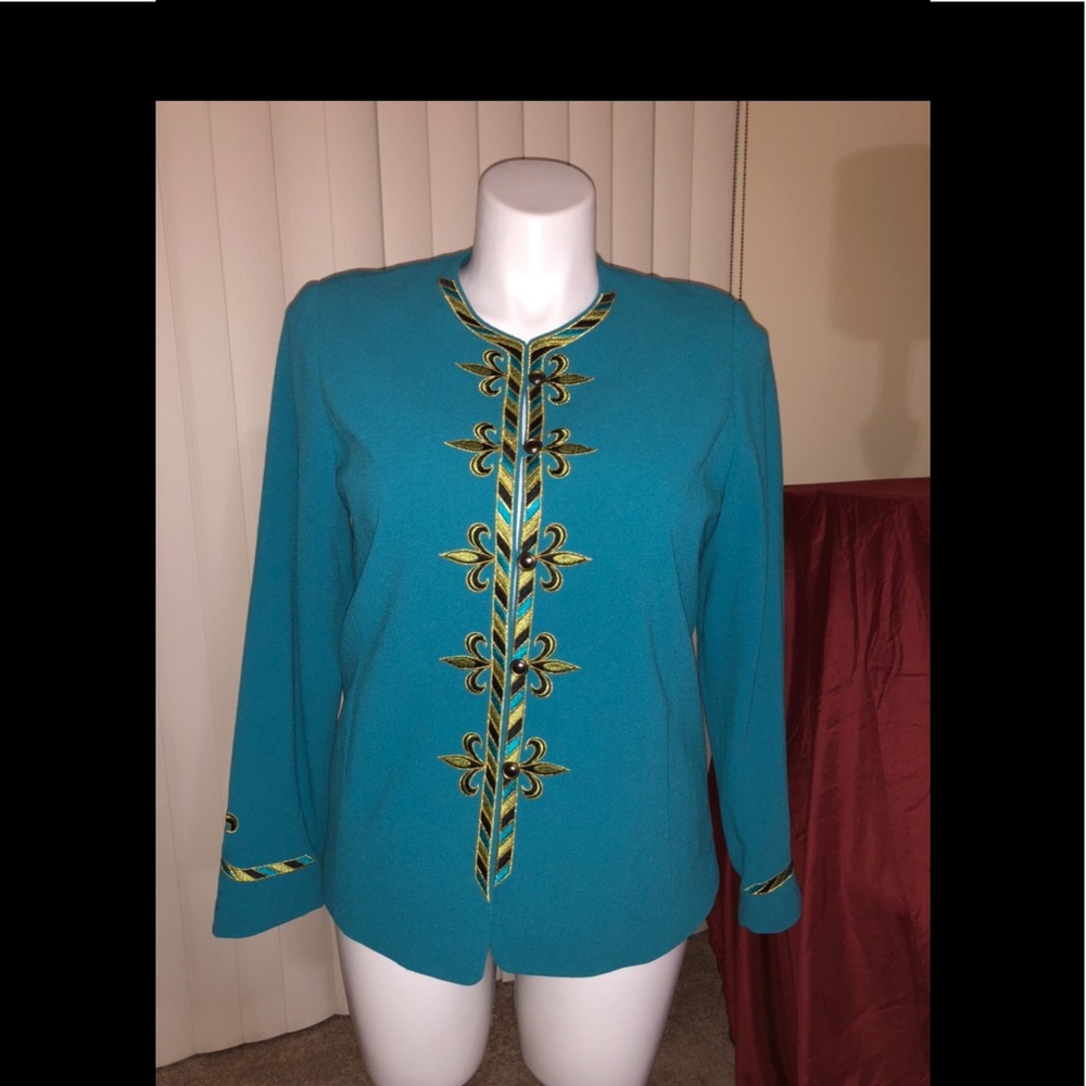 Bob Mackie size M teal with gold accent on button vintage long sleeve jacket